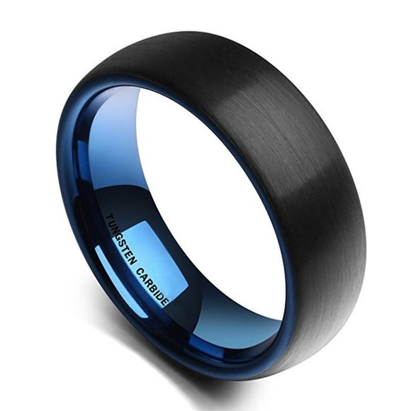 Men's Tungsten Wedding Band 7mm. Black Matte Finish w/ Inside Blue Tungsten Ring - Picture 2 of 2
